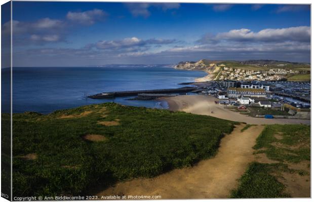 View of west bay from the crumbling cliffs Canvas Print by Ann Biddlecombe