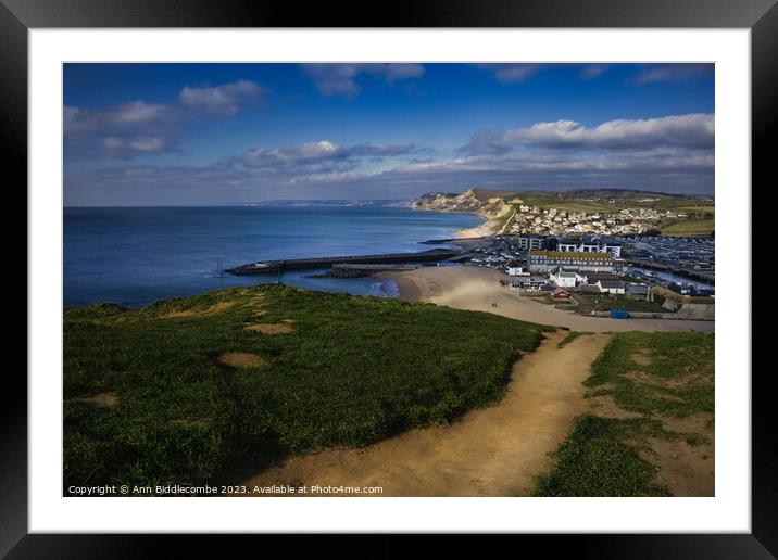 View of west bay from the crumbling cliffs Framed Mounted Print by Ann Biddlecombe