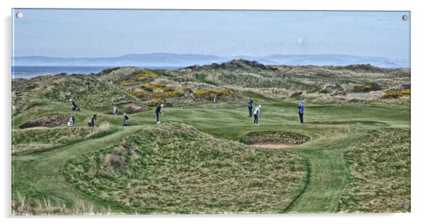 The Postage Stamp Troon and golfers Acrylic by Allan Durward Photography