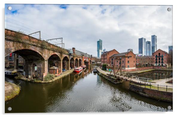 Bridgewater Canal and Manchester skyline panorama Acrylic by Jason Wells