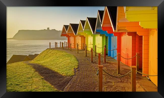 Scarborough Beach Huts and Castle Panorama Framed Print by Darren Galpin