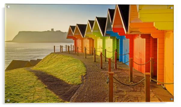 Scarborough Beach Huts and Castle Panorama Acrylic by Darren Galpin