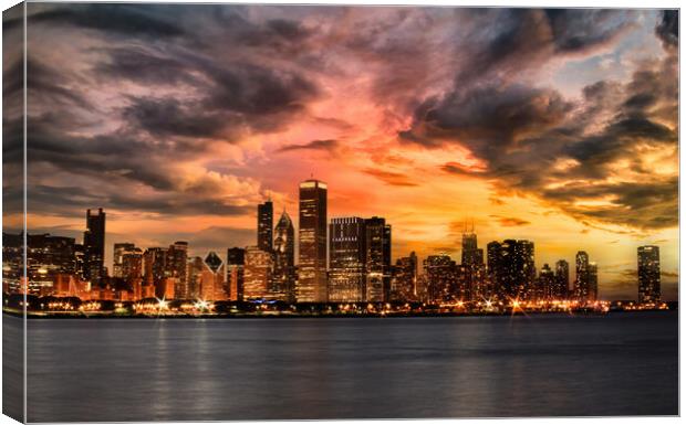 Chicago skyline during an incoming storm with sunset  Canvas Print by Thomas Baker
