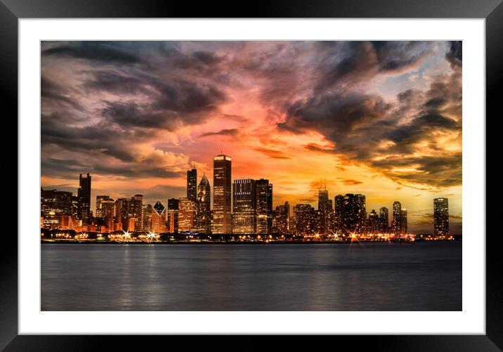 Chicago skyline during an incoming storm with sunset  Framed Mounted Print by Thomas Baker