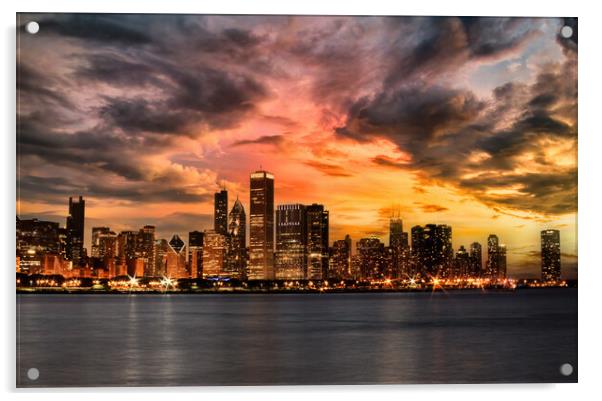 Chicago skyline during an incoming storm with sunset  Acrylic by Thomas Baker