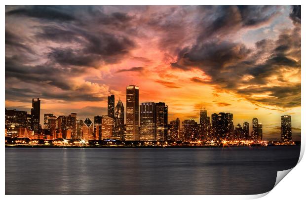 Chicago skyline during an incoming storm with sunset  Print by Thomas Baker
