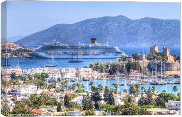 Cruise Ship And Bodrum Castle Canvas Print by David Pyatt