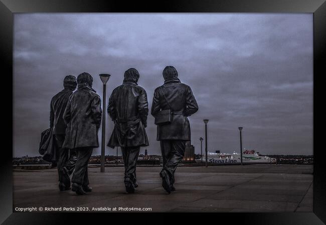 Beatles Statue looking towards Birkenhead Framed Print by Richard Perks