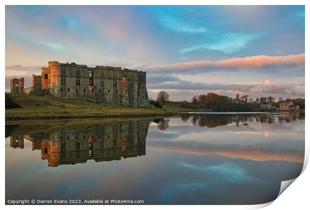 Carew castle reflections Print by Darren Evans