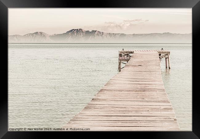 View of wooden pier, jetty, beach view, fog, lake Framed Print by Alex Winter