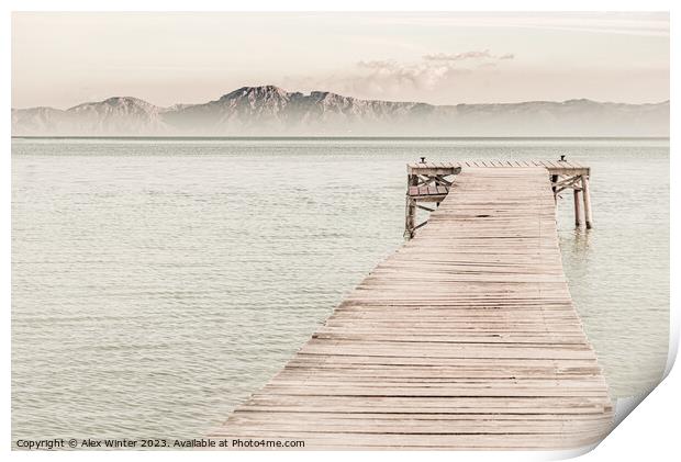 View of wooden pier, jetty, beach view, fog, lake Print by Alex Winter