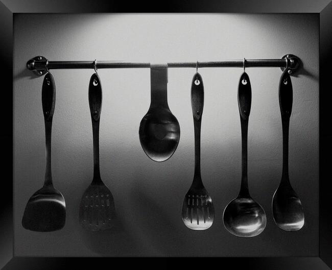Kitchen utensils in black and white  Framed Print by Michael bryant Tiptopimage