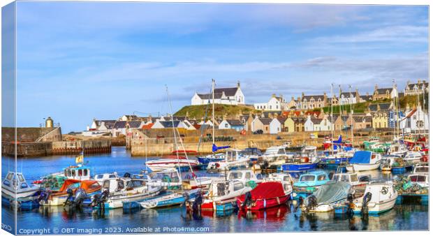 Findochty Village Harbour Morayshire Scotland The Church The Boat The House Canvas Print by OBT imaging