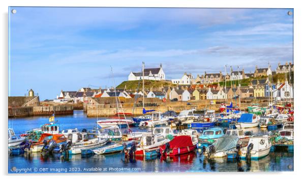 Findochty Village Harbour Morayshire Scotland The Church The Boat The House Acrylic by OBT imaging