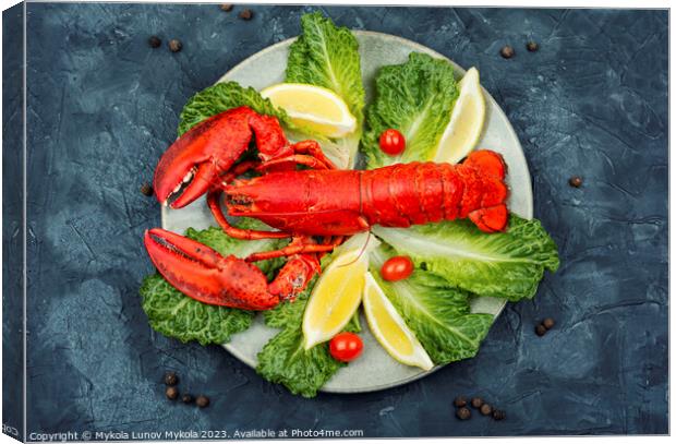 Cooked whole red lobster with fresh lettuce Canvas Print by Mykola Lunov Mykola