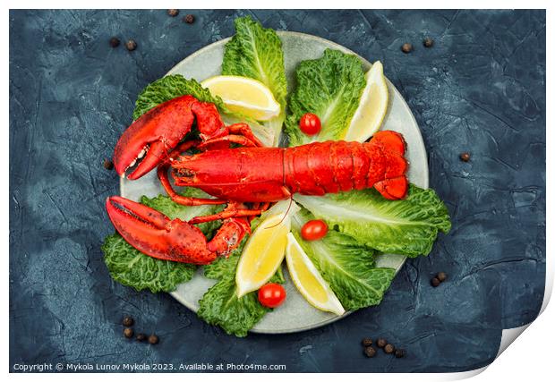 Cooked whole red lobster with fresh lettuce Print by Mykola Lunov Mykola