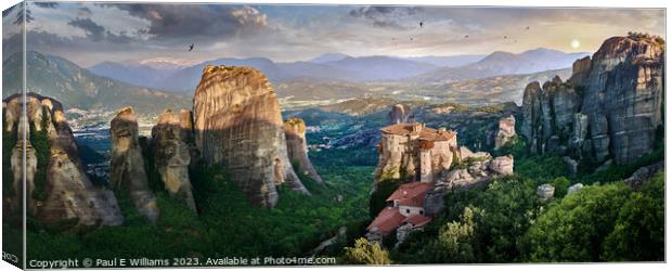 The stunning rock pillar Top Meteora Monastery of Rossanou at sunrise Canvas Print by Paul E Williams