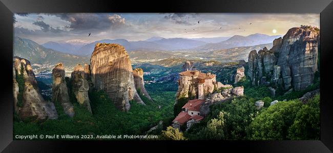 The stunning rock pillar Top Meteora Monastery of Rossanou at sunrise Framed Print by Paul E Williams