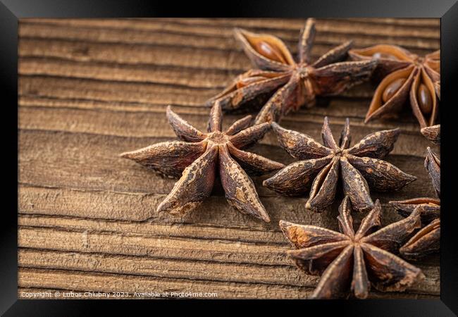 Dried star anise spice on vintage wooden board Framed Print by Lubos Chlubny