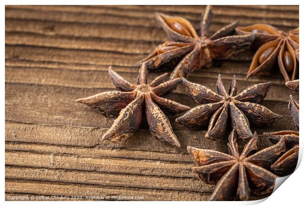 Dried star anise spice on vintage wooden board Print by Lubos Chlubny