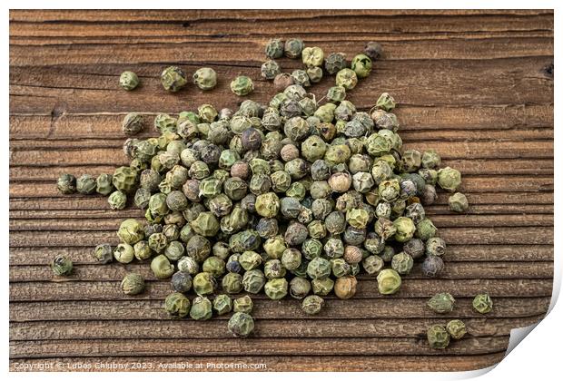 Dried spices green pepper on a wooden board Print by Lubos Chlubny