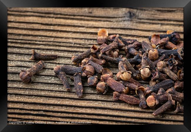 Clove spice on a wooden board, Syzygium aromaticum Framed Print by Lubos Chlubny