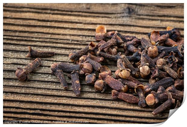 Clove spice on a wooden board, Syzygium aromaticum Print by Lubos Chlubny