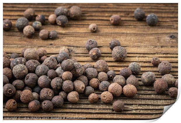 Allspice spice on wooden table Print by Lubos Chlubny