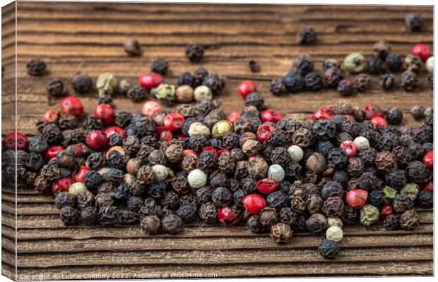Peppercorns on dark rustic wooden background. Mix of different peppers Canvas Print by Lubos Chlubny