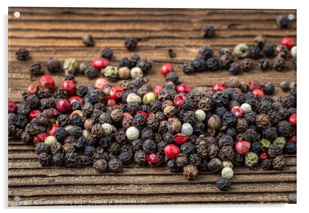 Peppercorns on dark rustic wooden background. Mix of different peppers Acrylic by Lubos Chlubny