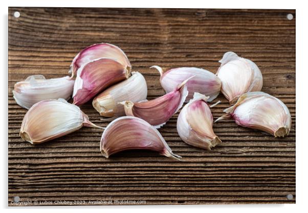 Garlic on dark rustic wooden background. Acrylic by Lubos Chlubny