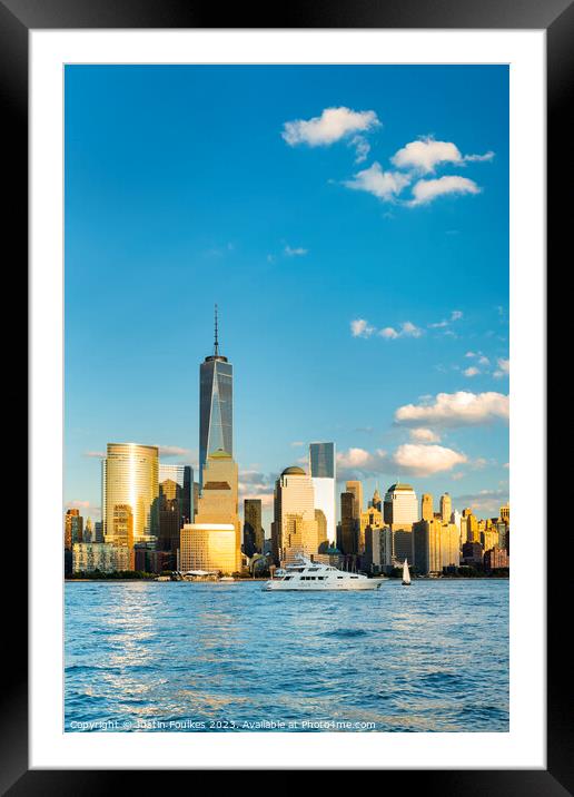 Lower Manhattan skyline over the Hudson, New York  Framed Mounted Print by Justin Foulkes