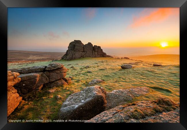 Haytor Rocks at sunrise, Dartmoor Framed Print by Justin Foulkes