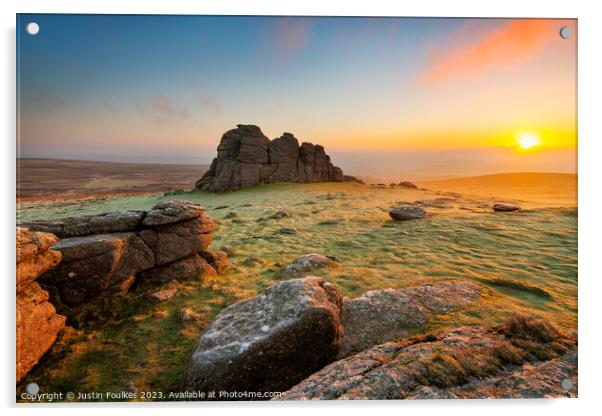 Haytor Rocks at sunrise, Dartmoor Acrylic by Justin Foulkes