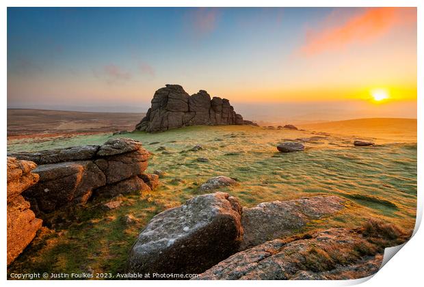 Haytor Rocks at sunrise, Dartmoor Print by Justin Foulkes