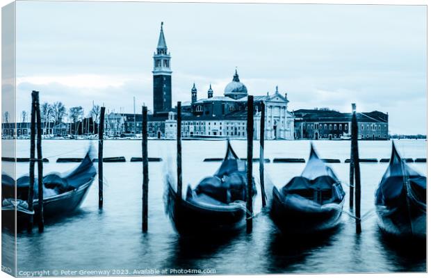 Moored Gondolas Off St Marks Square, Venice Before Dawn Canvas Print by Peter Greenway