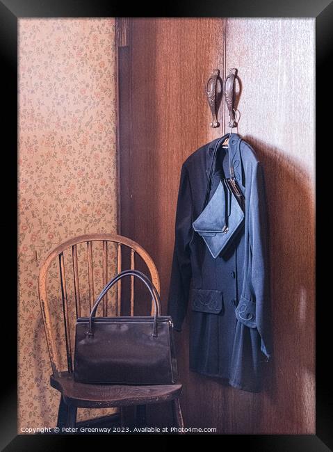 Vintage 1950s' Clothes Hung Up On A Hanger On A Wardrobe Framed Print by Peter Greenway