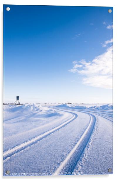 Vehicle Tyre Tracks In The Snow Around Utsjoki, Finland Acrylic by Peter Greenway