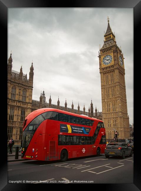 London Bus Outside Big Ben Framed Print by Benjamin Brewty