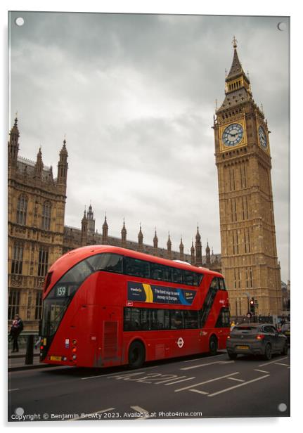 London Bus Outside Big Ben Acrylic by Benjamin Brewty