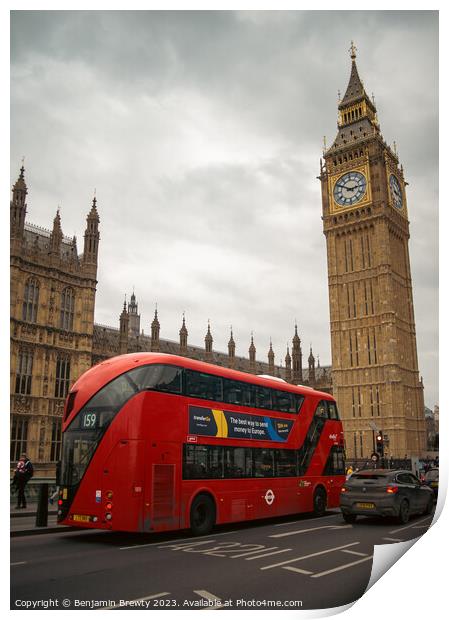 London Bus Outside Big Ben Print by Benjamin Brewty