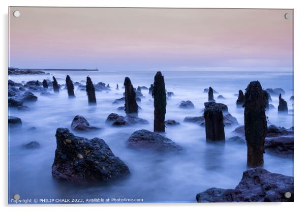 Ghostly groynes at dawn  on chemical beach Seaham  Acrylic by PHILIP CHALK