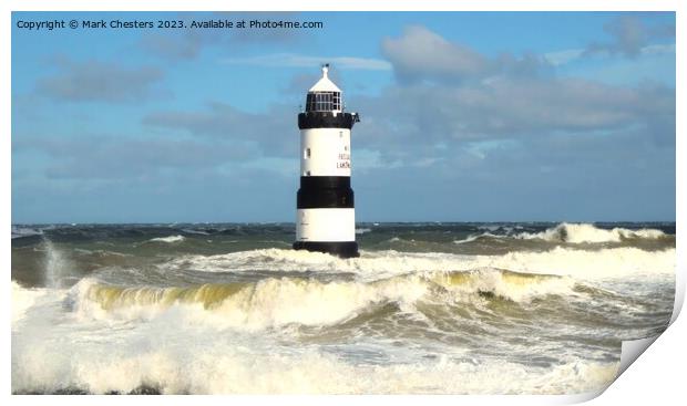 Majestic Penmon Lighthouse in Turbulent Seas Print by Mark Chesters