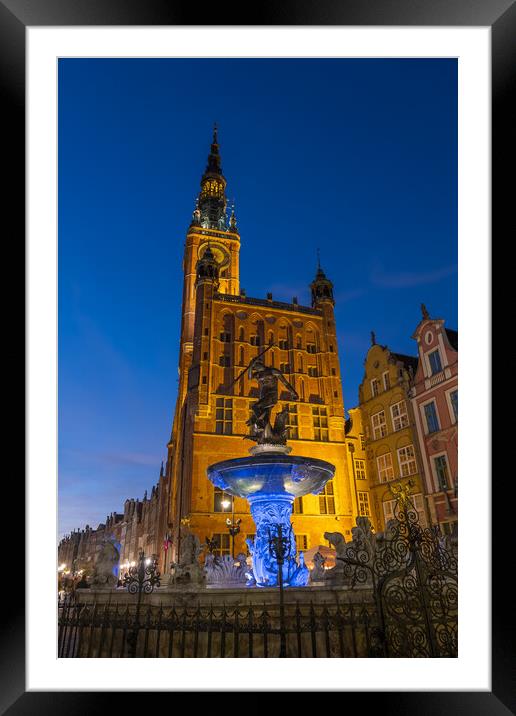 Neptune Fountain And Town Hall At Night In Gdansk Framed Mounted Print by Artur Bogacki