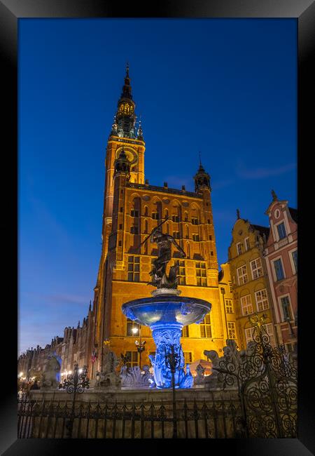 Neptune Fountain And Town Hall At Night In Gdansk Framed Print by Artur Bogacki
