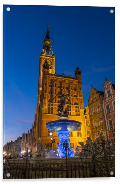 Neptune Fountain And Town Hall At Night In Gdansk Acrylic by Artur Bogacki