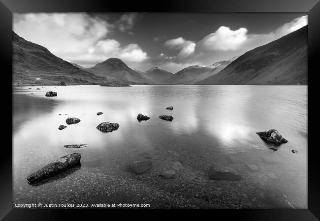 Wastwater, Lake District in black and white Framed Print by Justin Foulkes