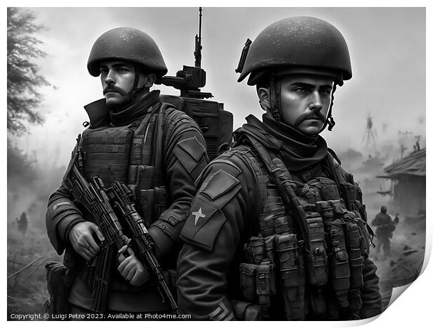 Two soldiers standing next to each other. Print by Luigi Petro