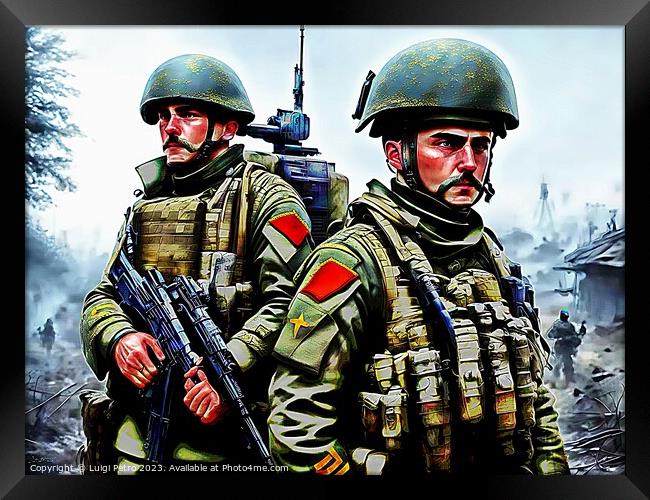 Two soldiers standing next to each other. Framed Print by Luigi Petro