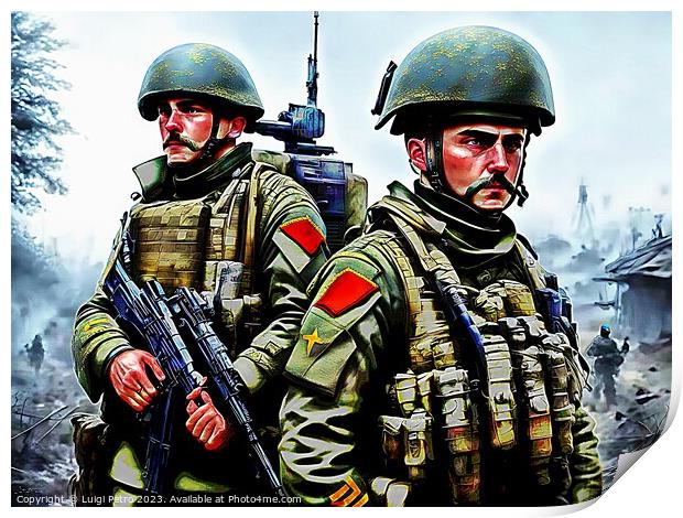 Two soldiers standing next to each other. Print by Luigi Petro